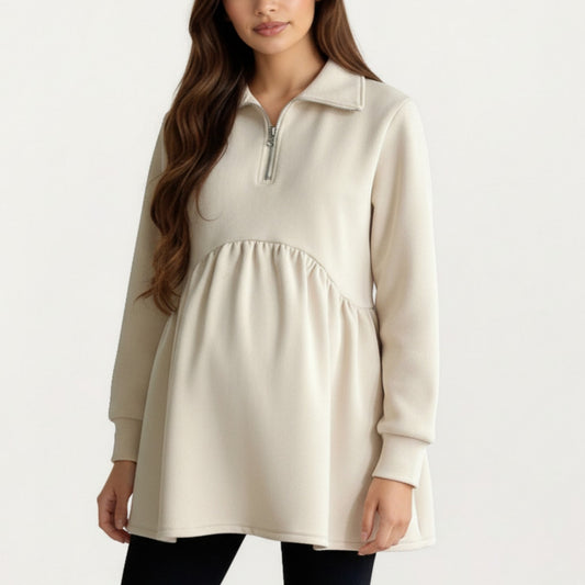 Maternity Quarter Zip Long Sleeve Top with Fleece Feel Elastic Empire Waist and Relaxed Tunic Silhouette