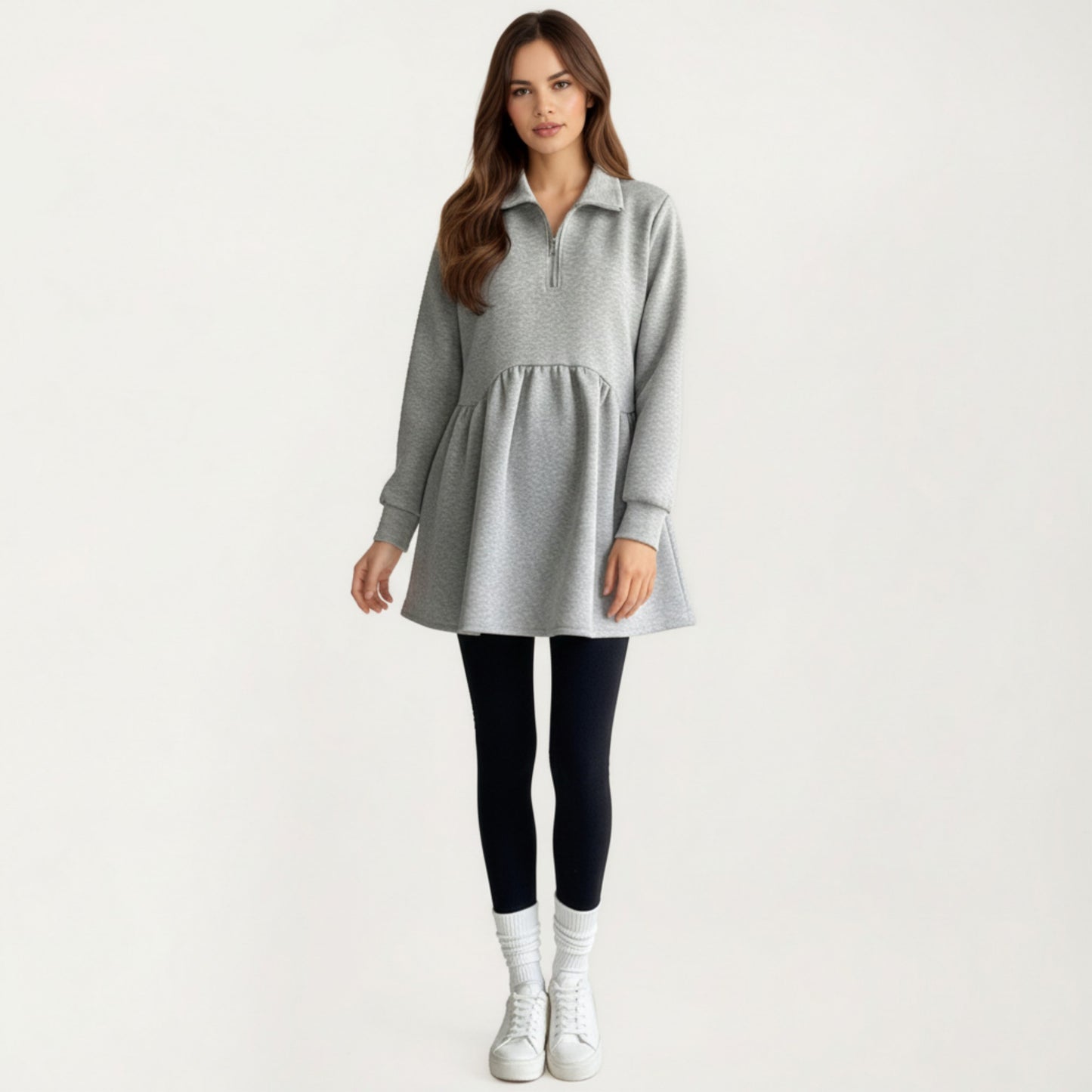 Maternity Quarter Zip Long Sleeve Top with Fleece Feel Elastic Empire Waist and Relaxed Tunic Silhouette