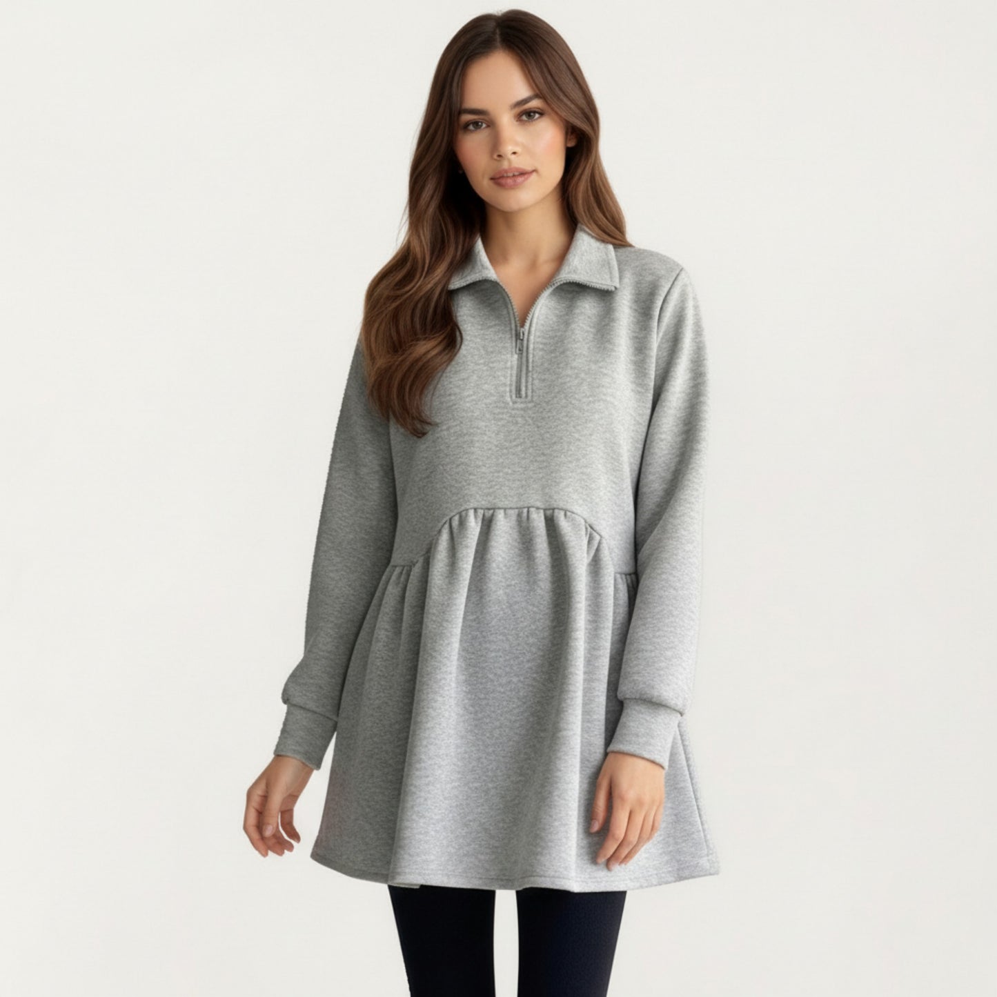 Maternity Quarter Zip Long Sleeve Top with Fleece Feel Elastic Empire Waist and Relaxed Tunic Silhouette