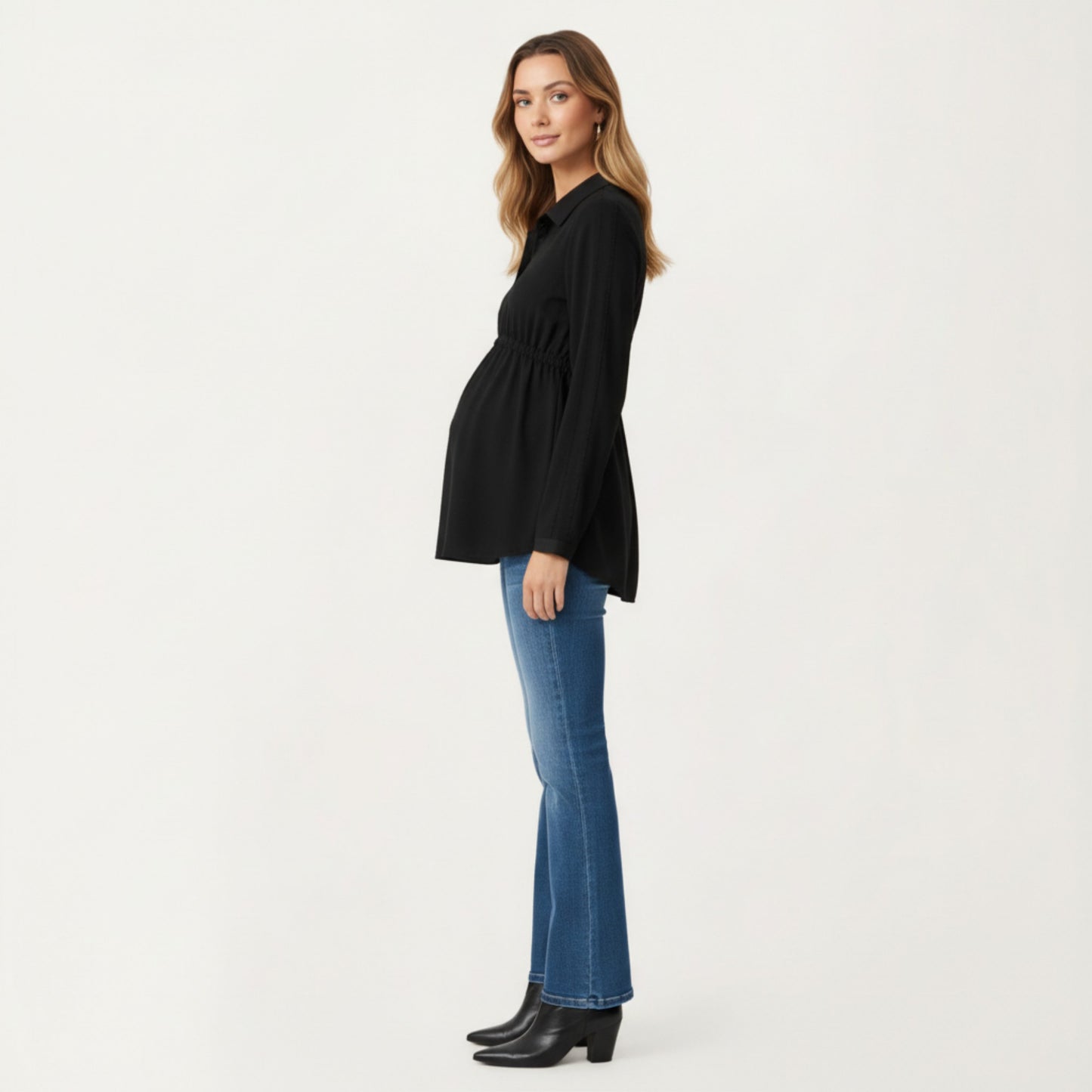 Maternity Long Sleeve Top with Collared Neckline Elastic Empire Waist and Soft Flowing Drape for Everyday Style