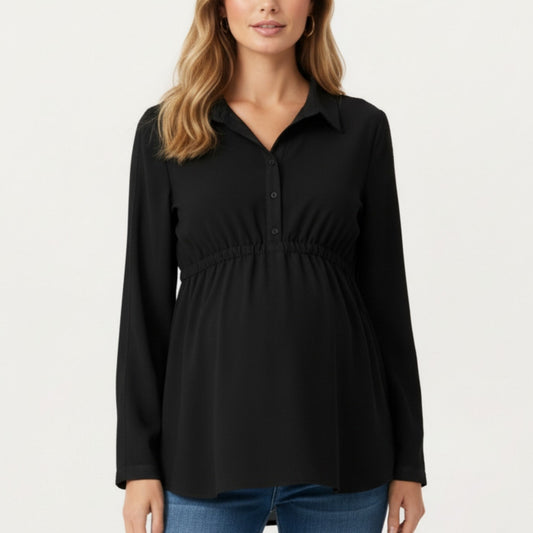 Maternity Long Sleeve Top with Collared Neckline Elastic Empire Waist and Soft Flowing Drape for Everyday Style