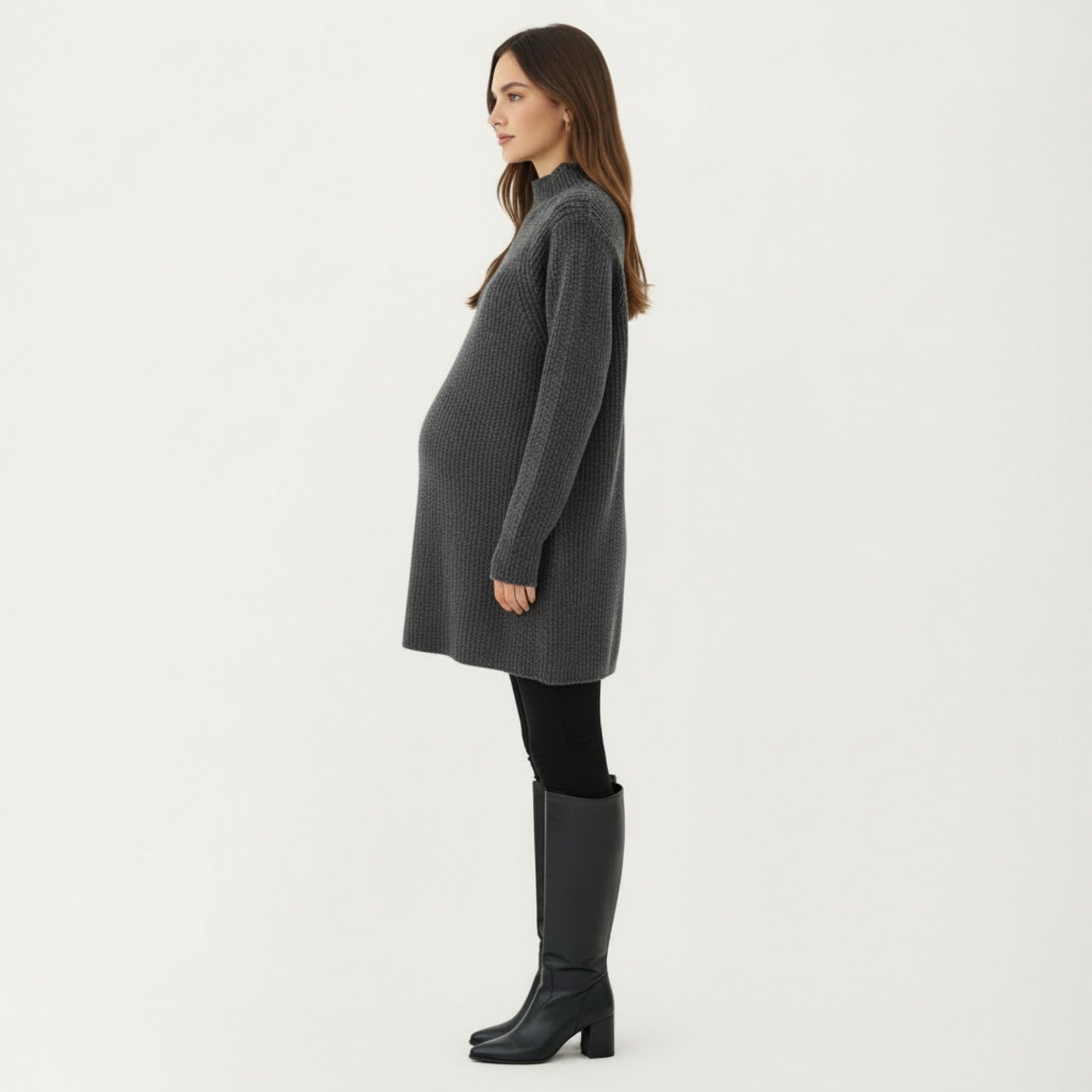 Maternity Textured Knit Sweater Dress with High Mock Neck Long Sleeve Relaxed Fit and Soft Ribbed Detailing