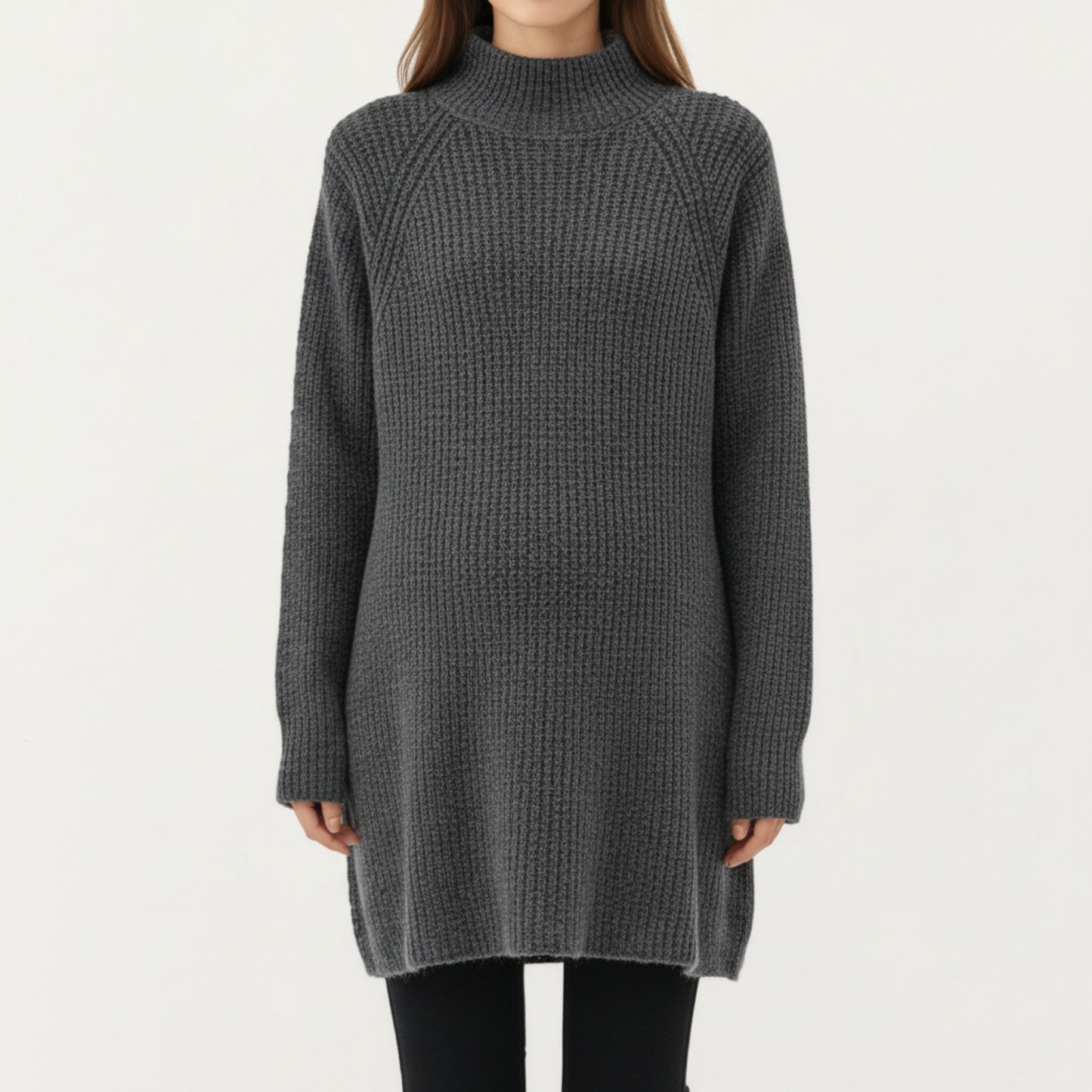 Maternity Textured Knit Sweater Dress with High Mock Neck Long Sleeve Relaxed Fit and Soft Ribbed Detailing