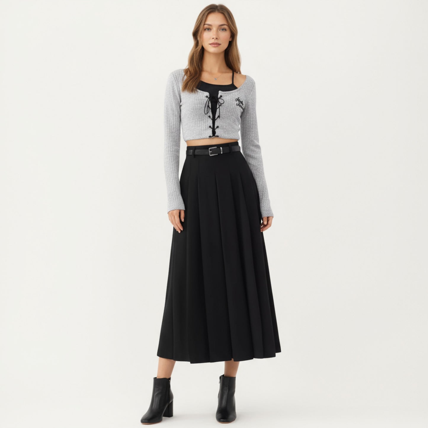 High Waist Pleated Maxi Skirt with Belted Waist and Flowing Tailored Silhouette