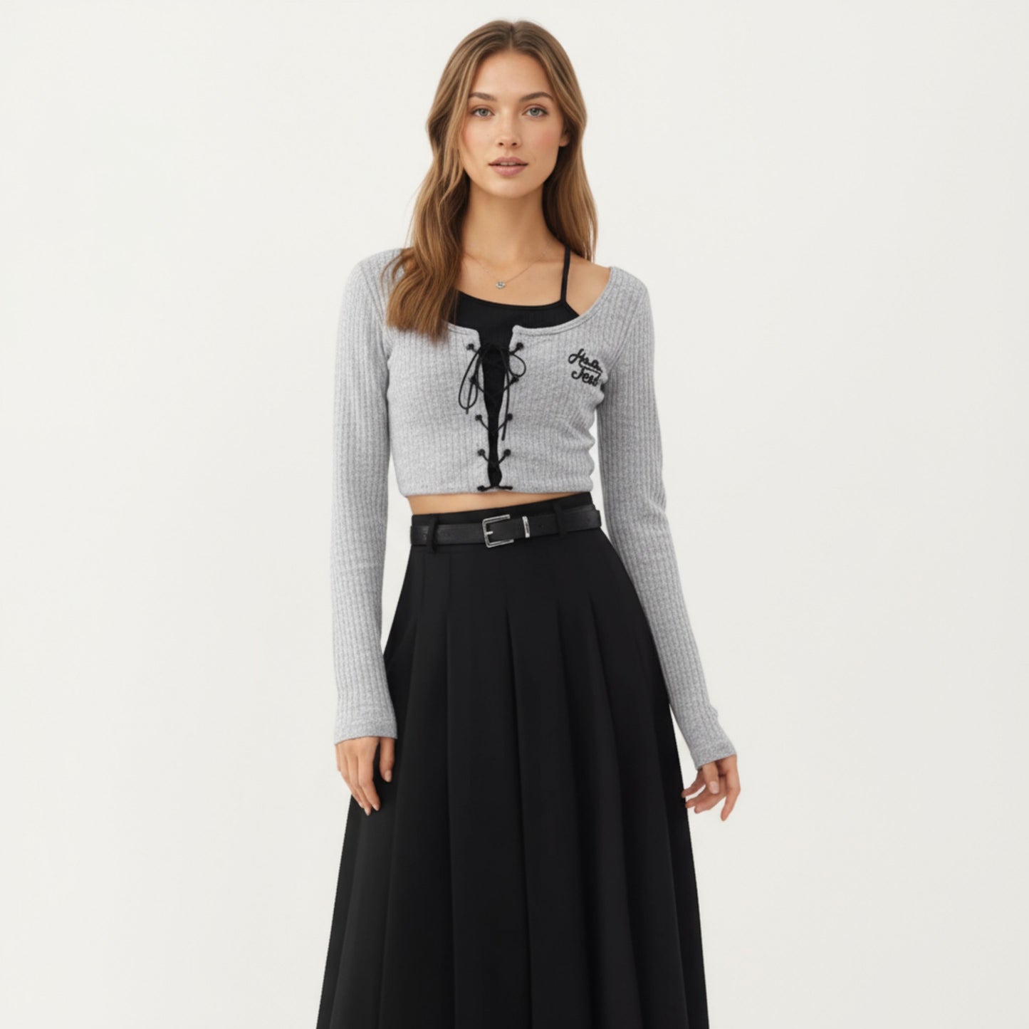High Waist Pleated Maxi Skirt with Belted Waist and Flowing Tailored Silhouette