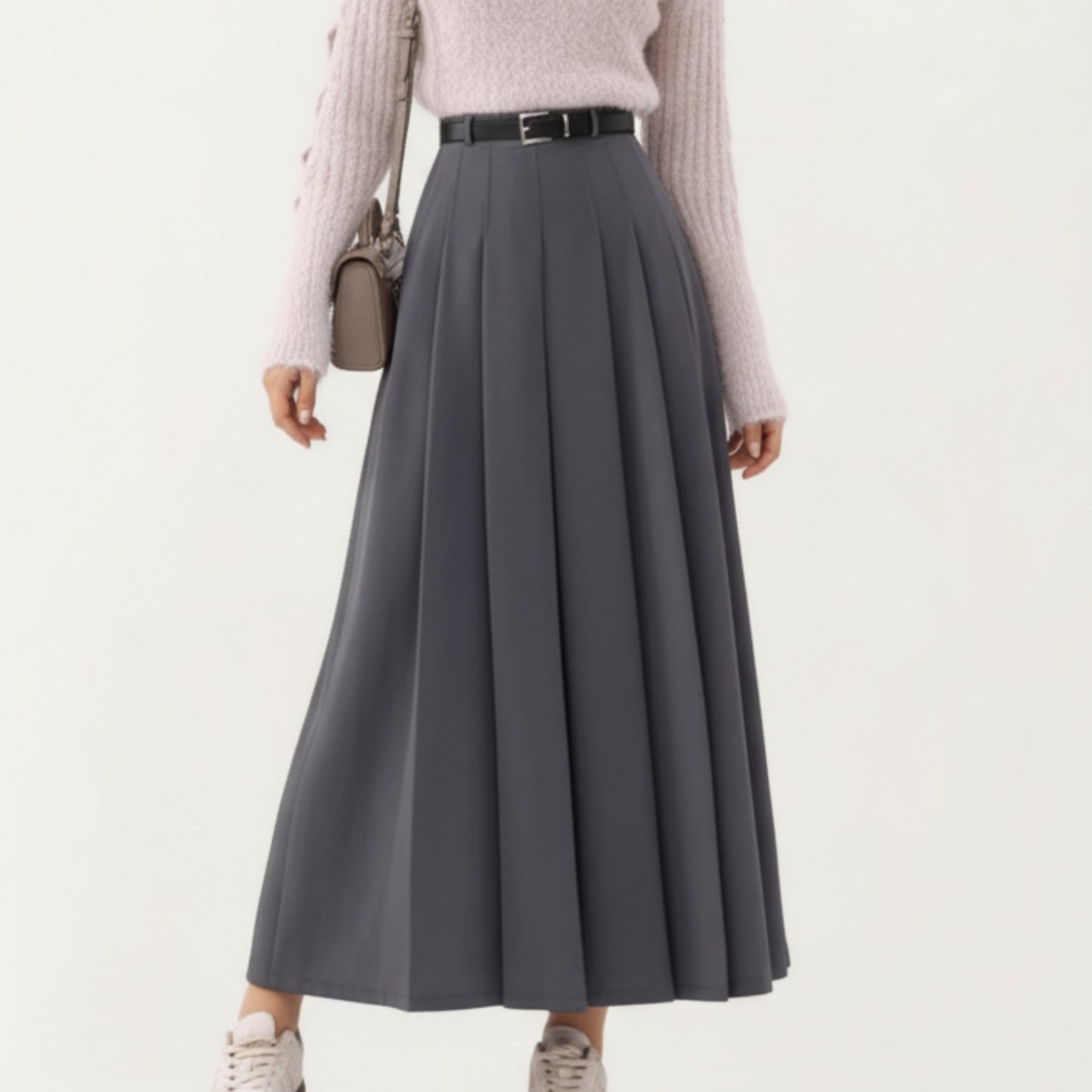 High Waist Pleated Maxi Skirt with Belted Waist and Flowing Tailored Silhouette