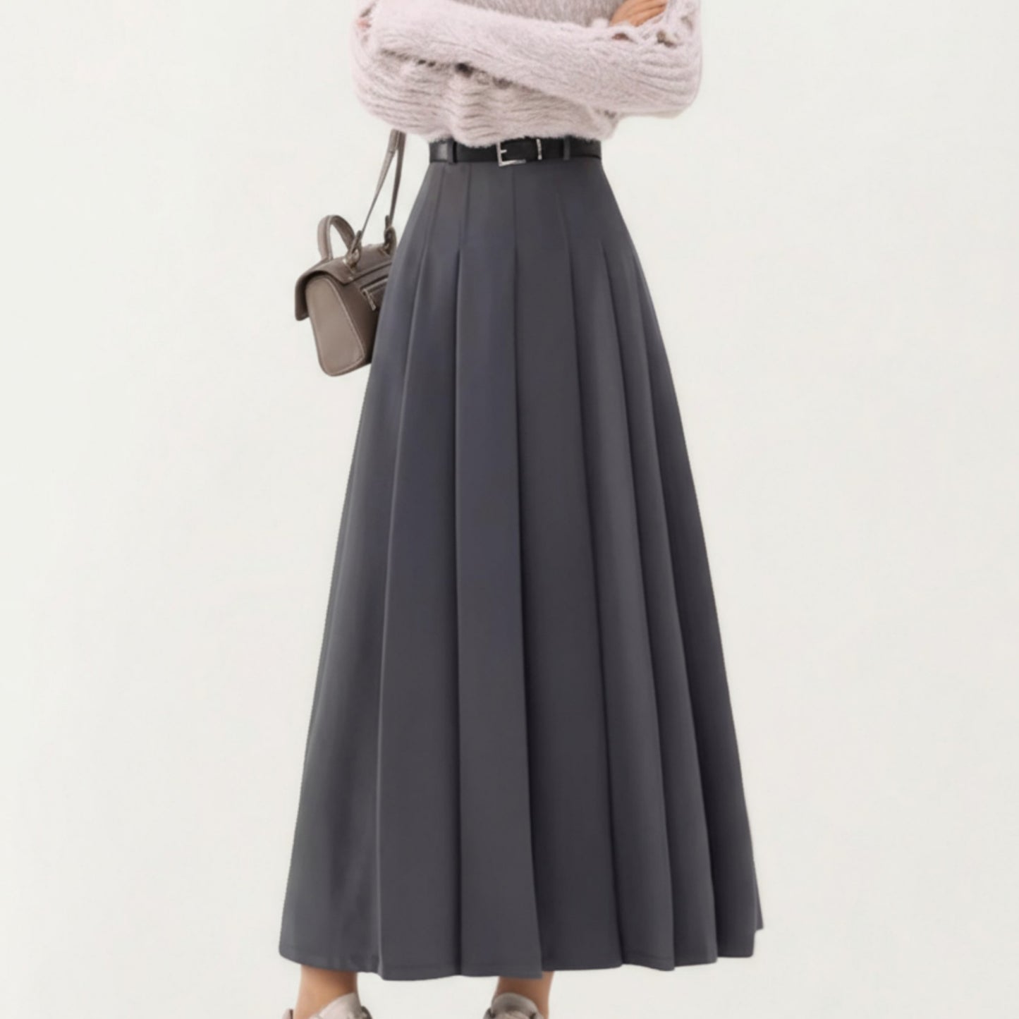 High Waist Pleated Maxi Skirt with Belted Waist and Flowing Tailored Silhouette