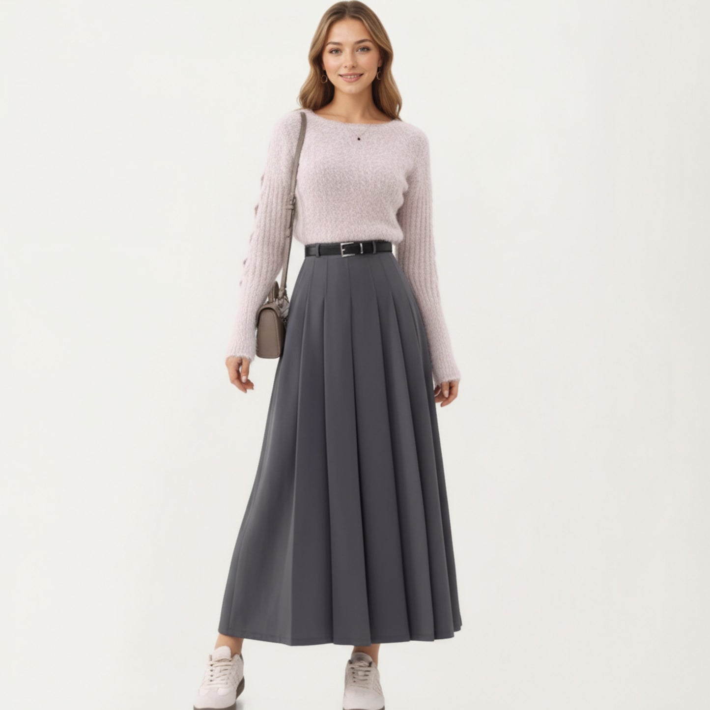 High Waist Pleated Maxi Skirt with Belted Waist and Flowing Tailored Silhouette