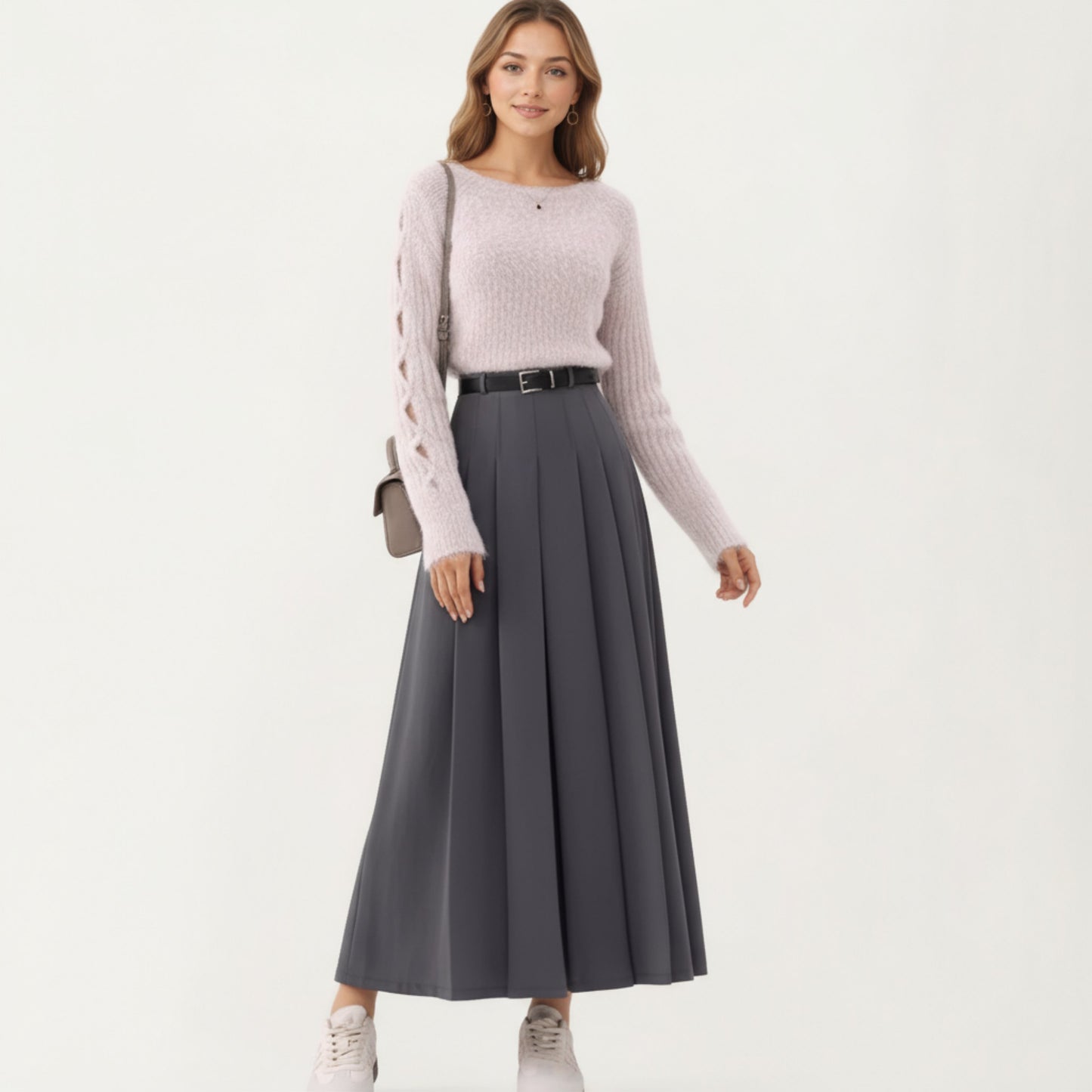 High Waist Pleated Maxi Skirt with Belted Waist and Flowing Tailored Silhouette