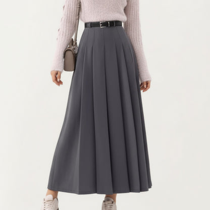 High Waist Pleated Maxi Skirt with Belted Waist and Flowing Tailored Silhouette