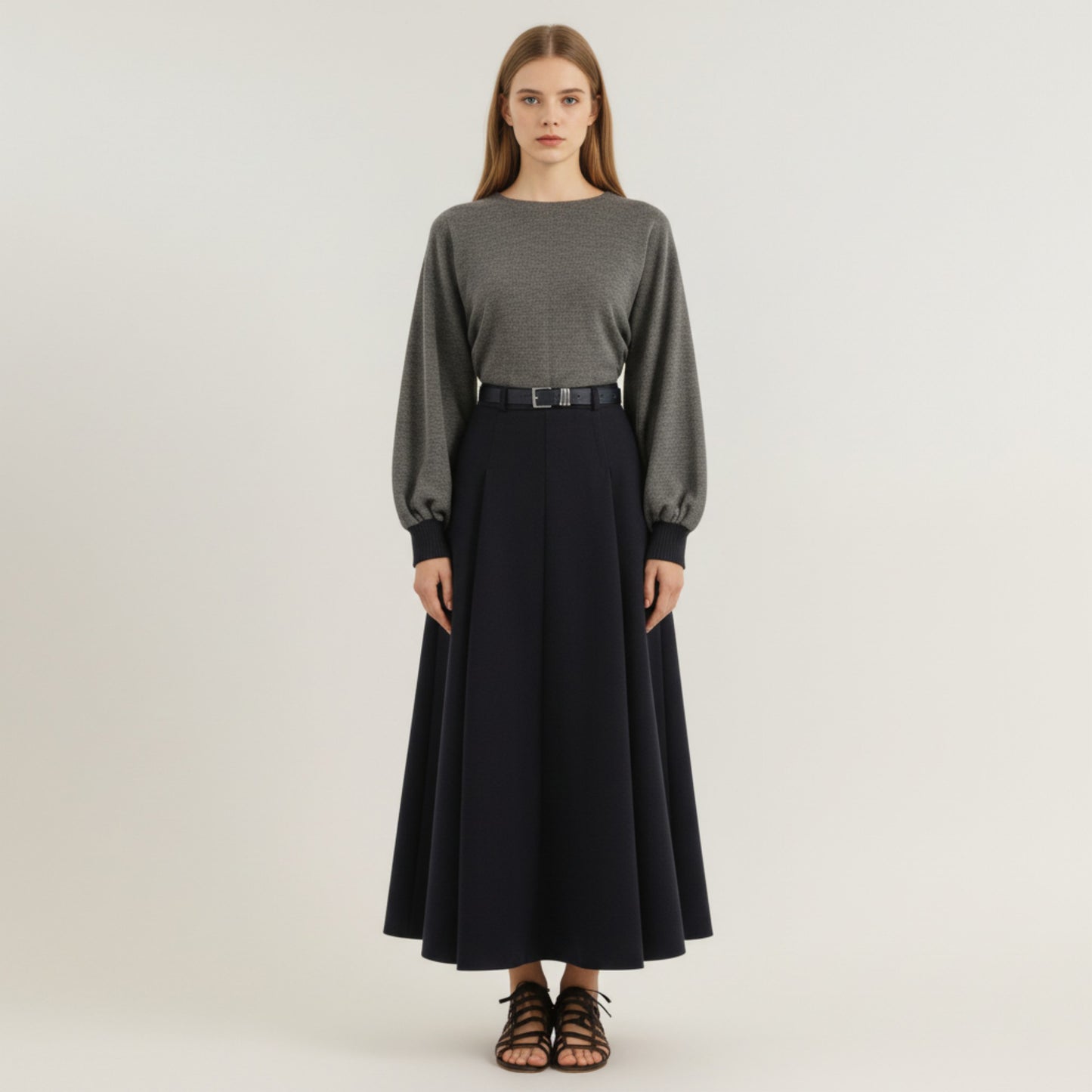 High Waist Full A-Line Maxi Skirt with Structured Seam Panels and Smooth Flowing Silhouette