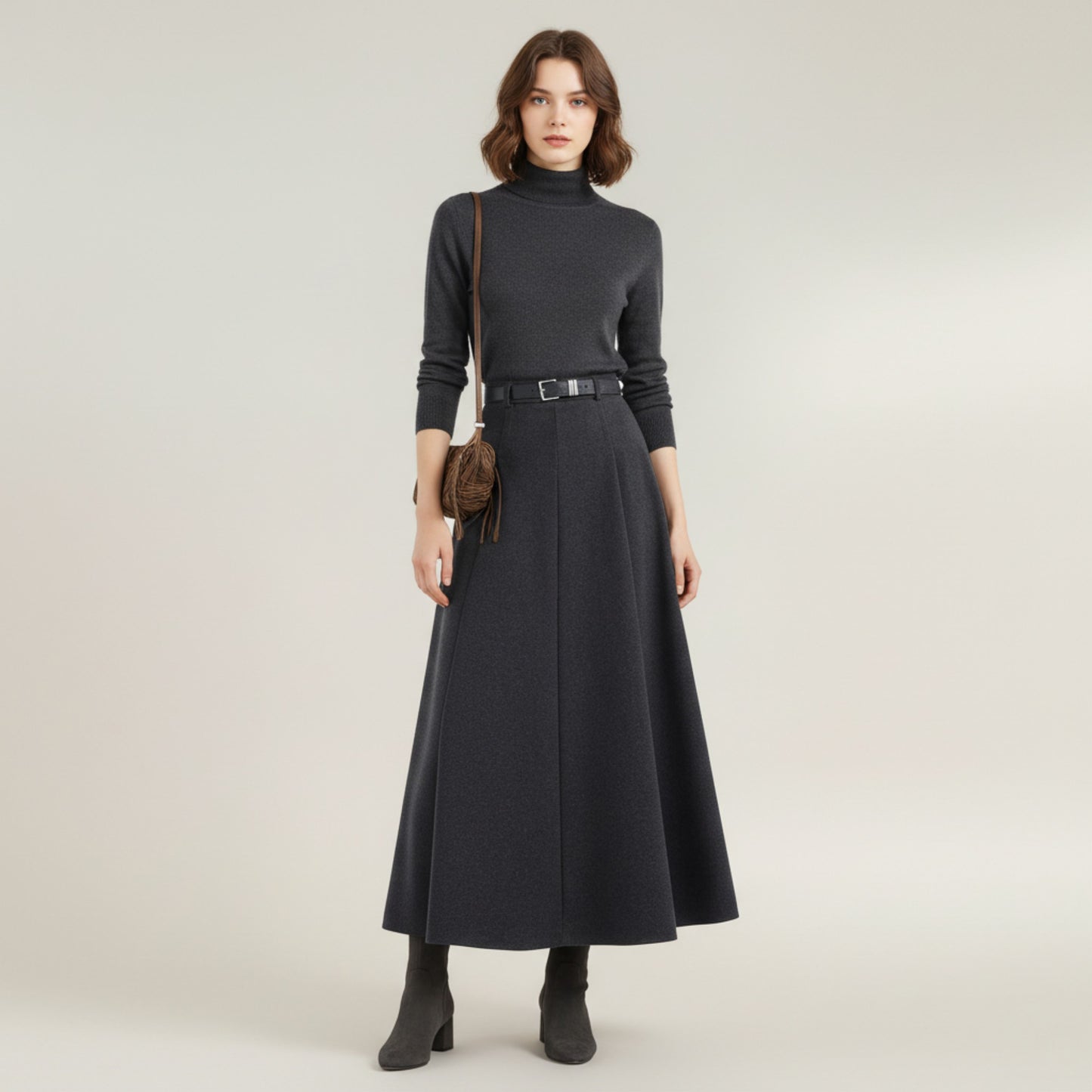 High Waist Full A-Line Maxi Skirt with Structured Seam Panels and Smooth Flowing Silhouette