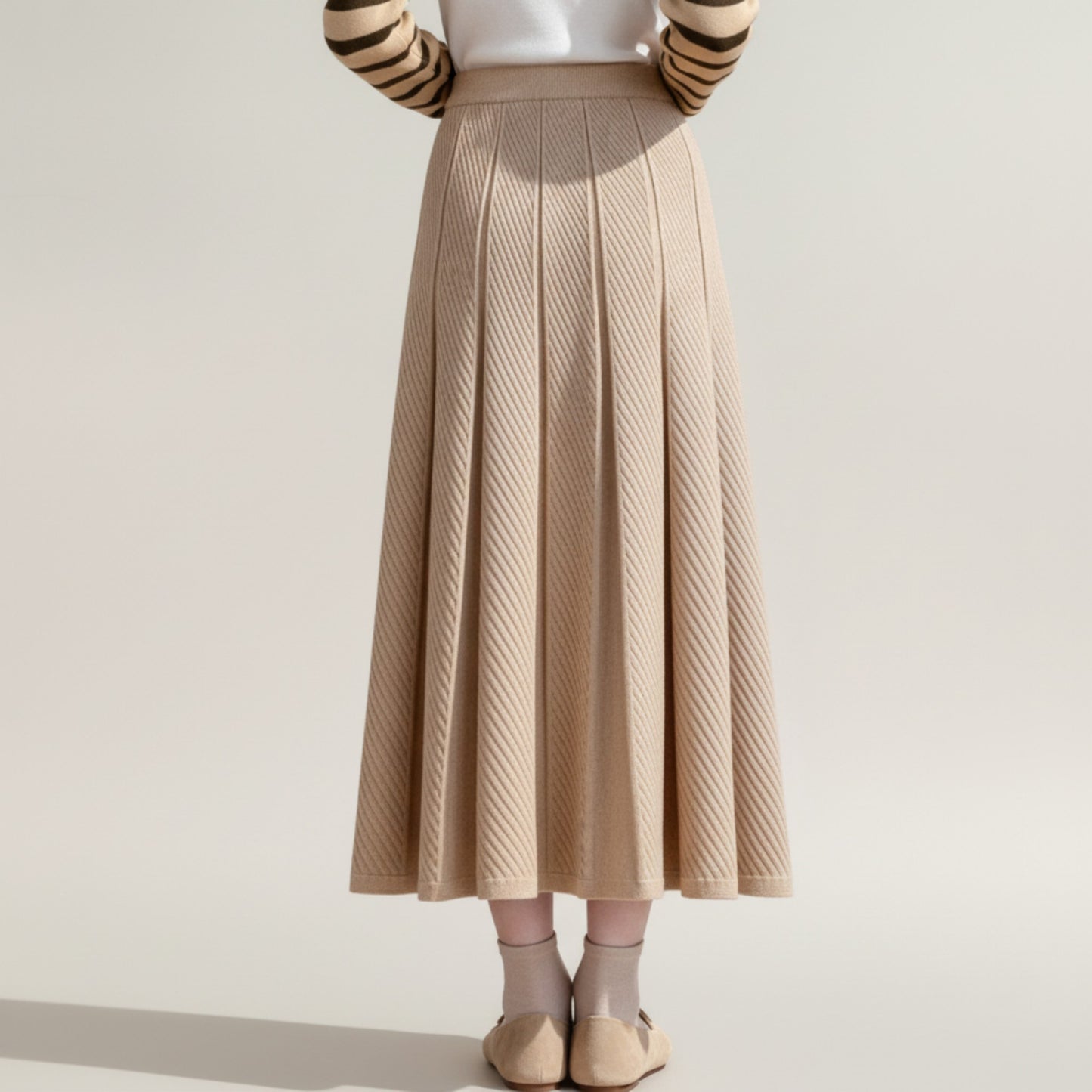 Textured Diagonal-Rib Pleated Knit Midi Skirt with Structured Panels and Soft A-Line Silhouette