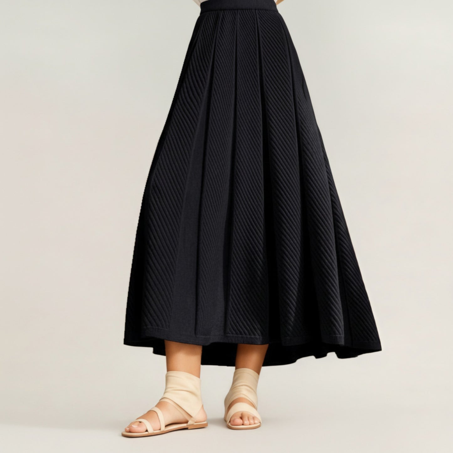 Textured Diagonal-Rib Pleated Knit Midi Skirt with Structured Panels and Soft A-Line Silhouette