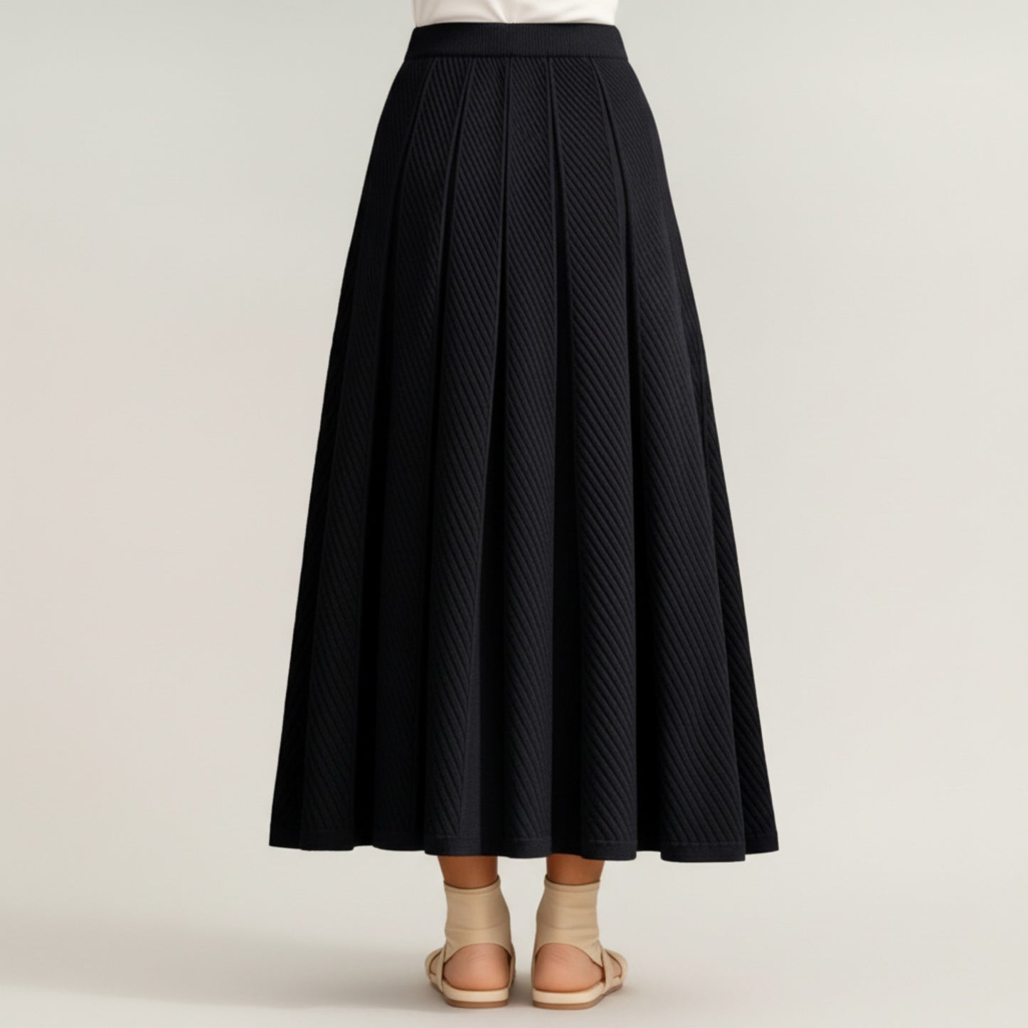 Textured Diagonal-Rib Pleated Knit Midi Skirt with Structured Panels and Soft A-Line Silhouette