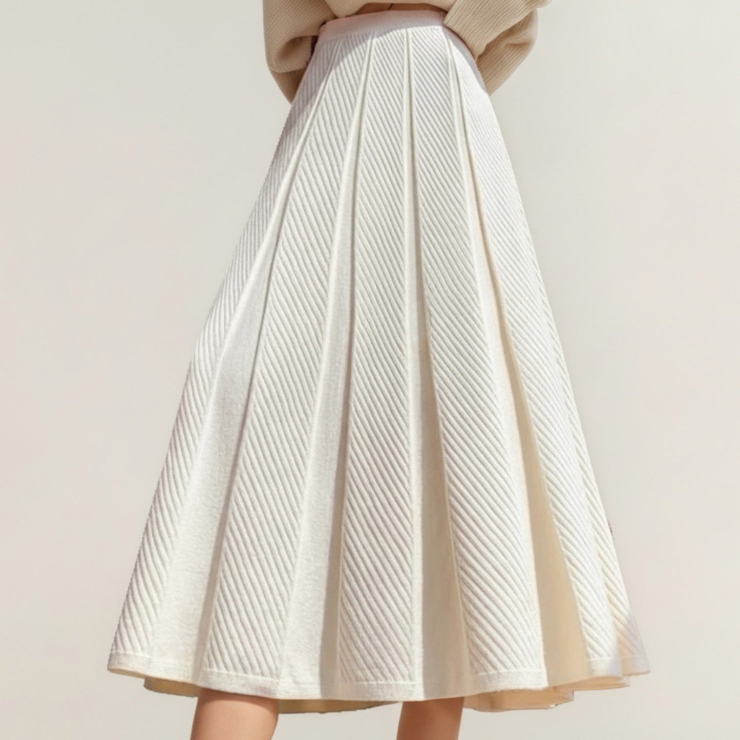 Textured Diagonal-Rib Pleated Knit Midi Skirt with Structured Panels and Soft A-Line Silhouette