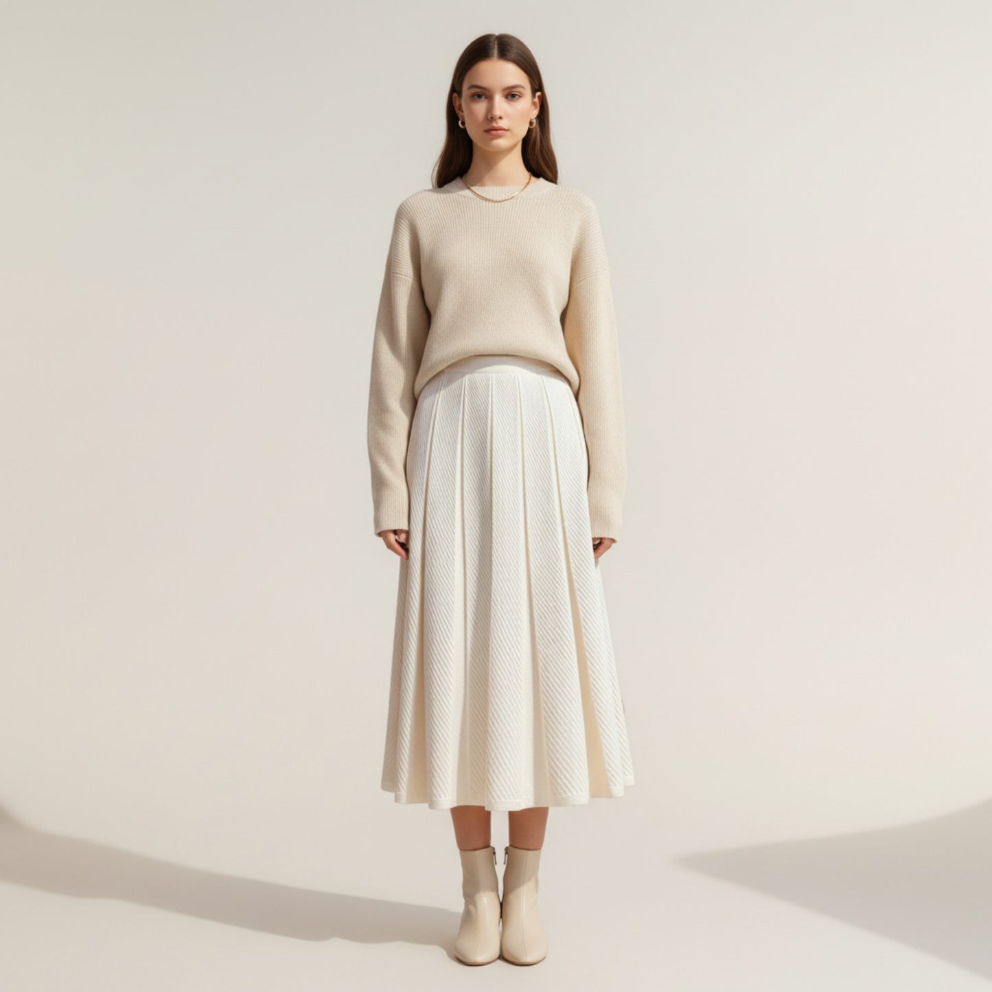 Textured Diagonal-Rib Pleated Knit Midi Skirt with Structured Panels and Soft A-Line Silhouette