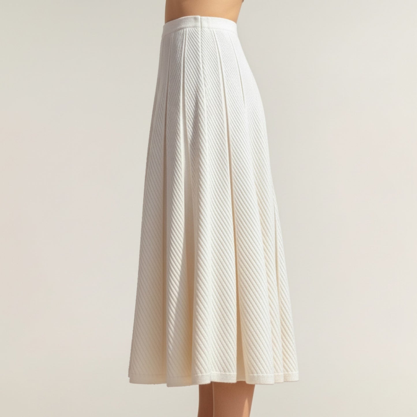 Textured Diagonal-Rib Pleated Knit Midi Skirt with Structured Panels and Soft A-Line Silhouette