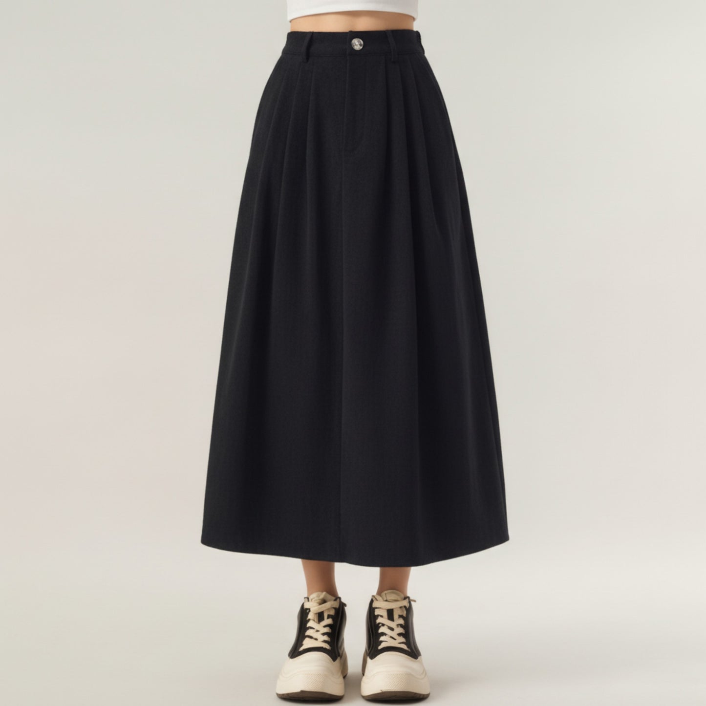 High Waist Pleated A-Line Maxi Skirt with Structured Volume, Smooth Draping Fabric