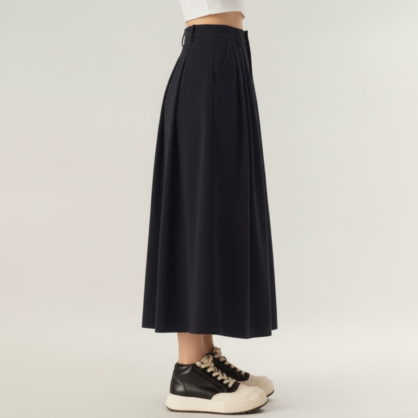 High Waist Pleated A-Line Maxi Skirt with Structured Volume, Smooth Draping Fabric