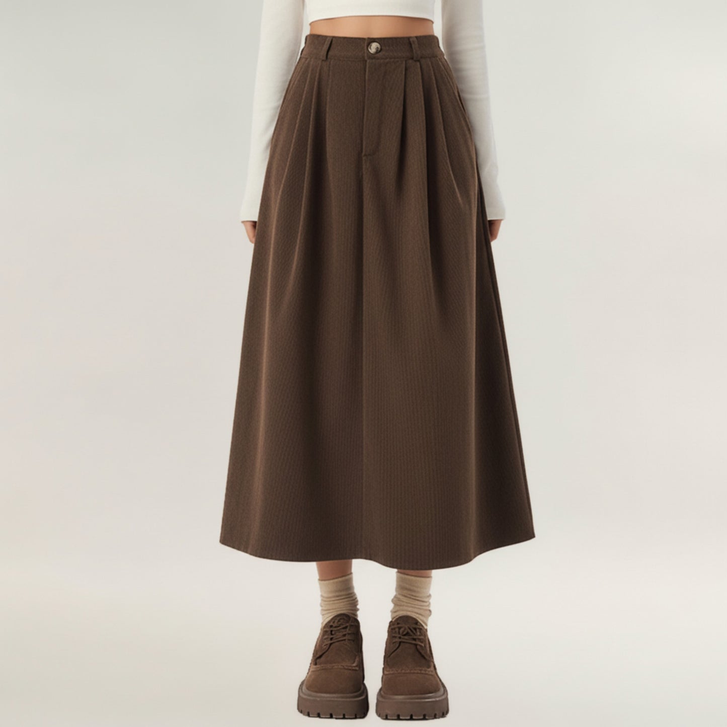 High Waist Pleated A-Line Maxi Skirt with Structured Volume, Smooth Draping Fabric