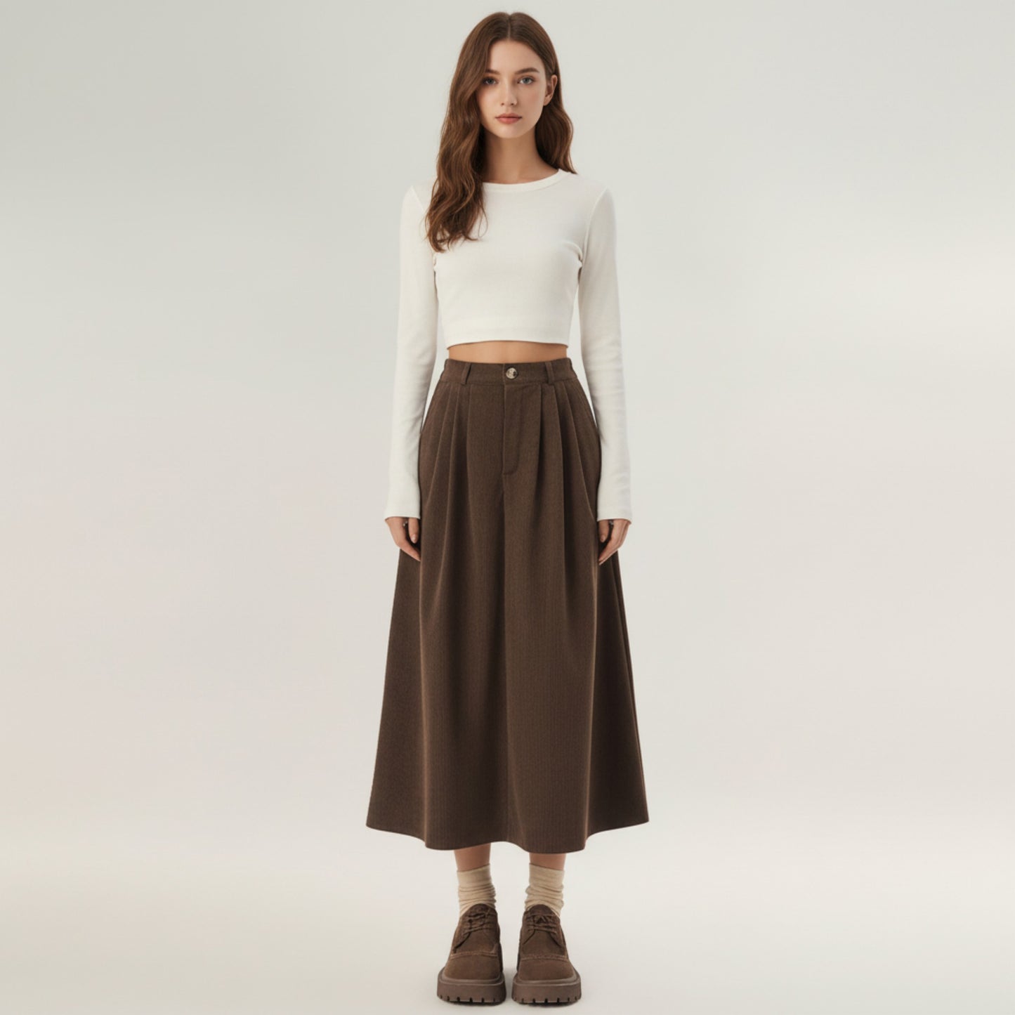 High Waist Pleated A-Line Maxi Skirt with Structured Volume, Smooth Draping Fabric