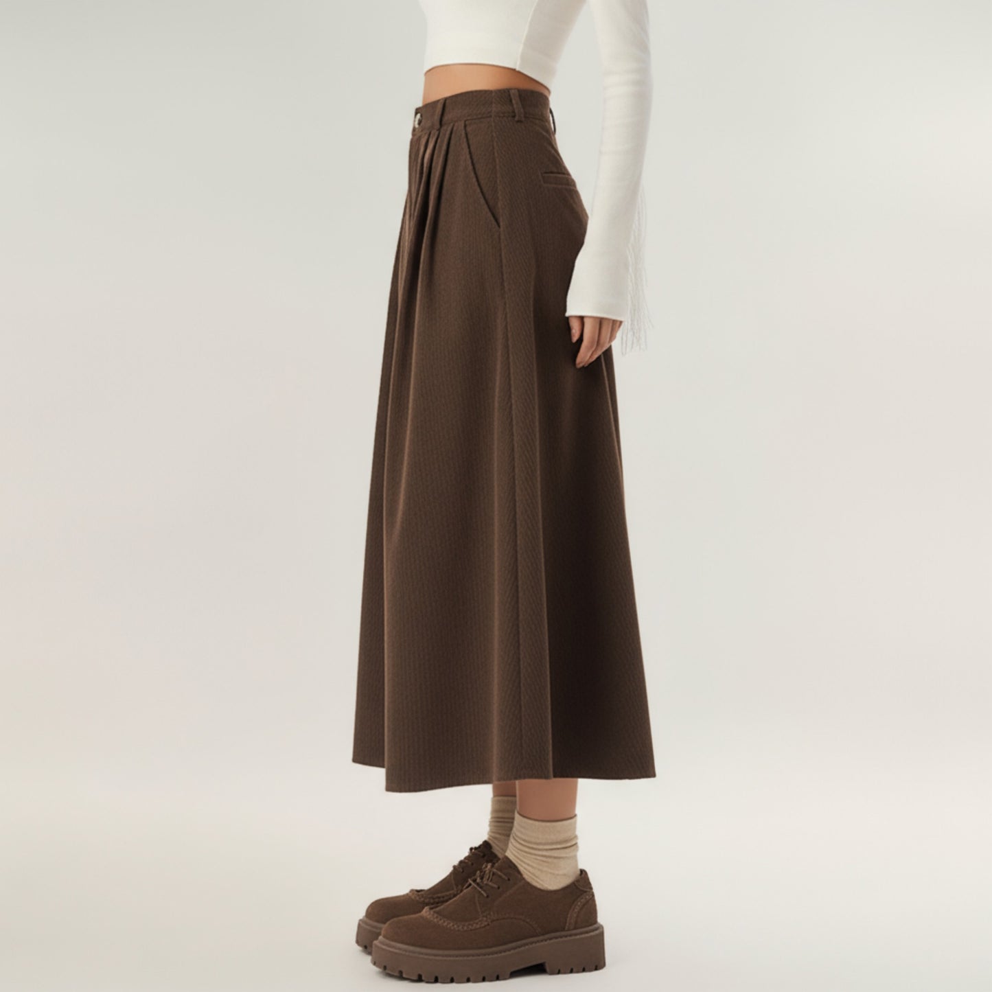 High Waist Pleated A-Line Maxi Skirt with Structured Volume, Smooth Draping Fabric