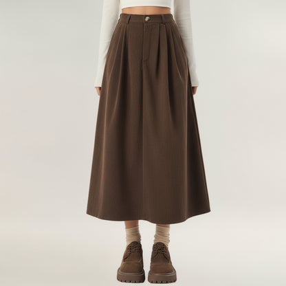 High Waist Pleated A-Line Maxi Skirt with Structured Volume, Smooth Draping Fabric