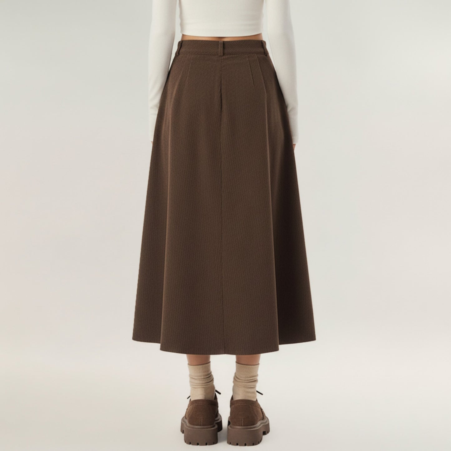 High Waist Pleated A-Line Maxi Skirt with Structured Volume, Smooth Draping Fabric