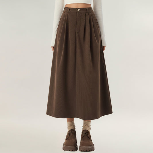 High Waist Pleated A-Line Maxi Skirt with Structured Volume, Smooth Draping Fabric