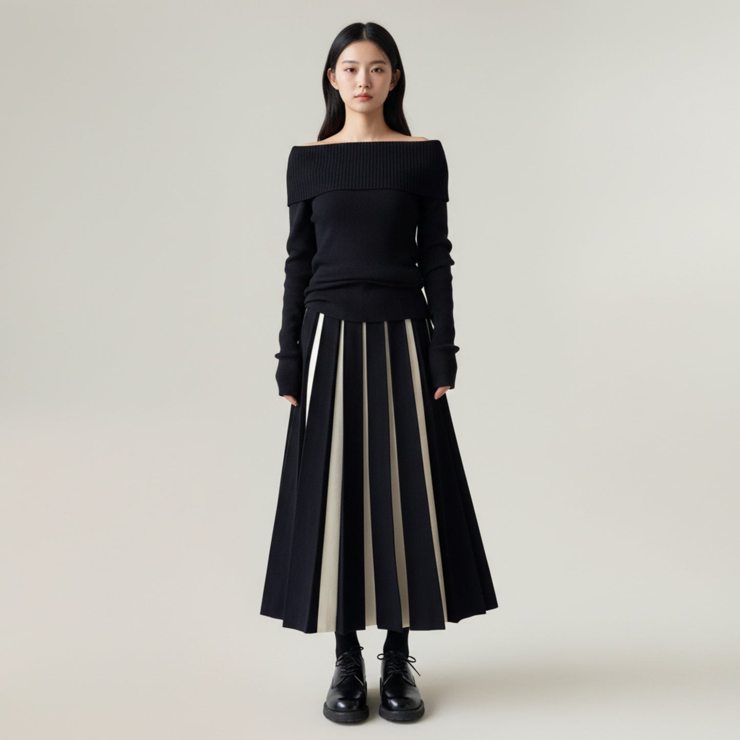 Contrast Pleated Maxi Skirt with Structured Panels, Flowing A-Line Movement, and Soft Flexible Waist