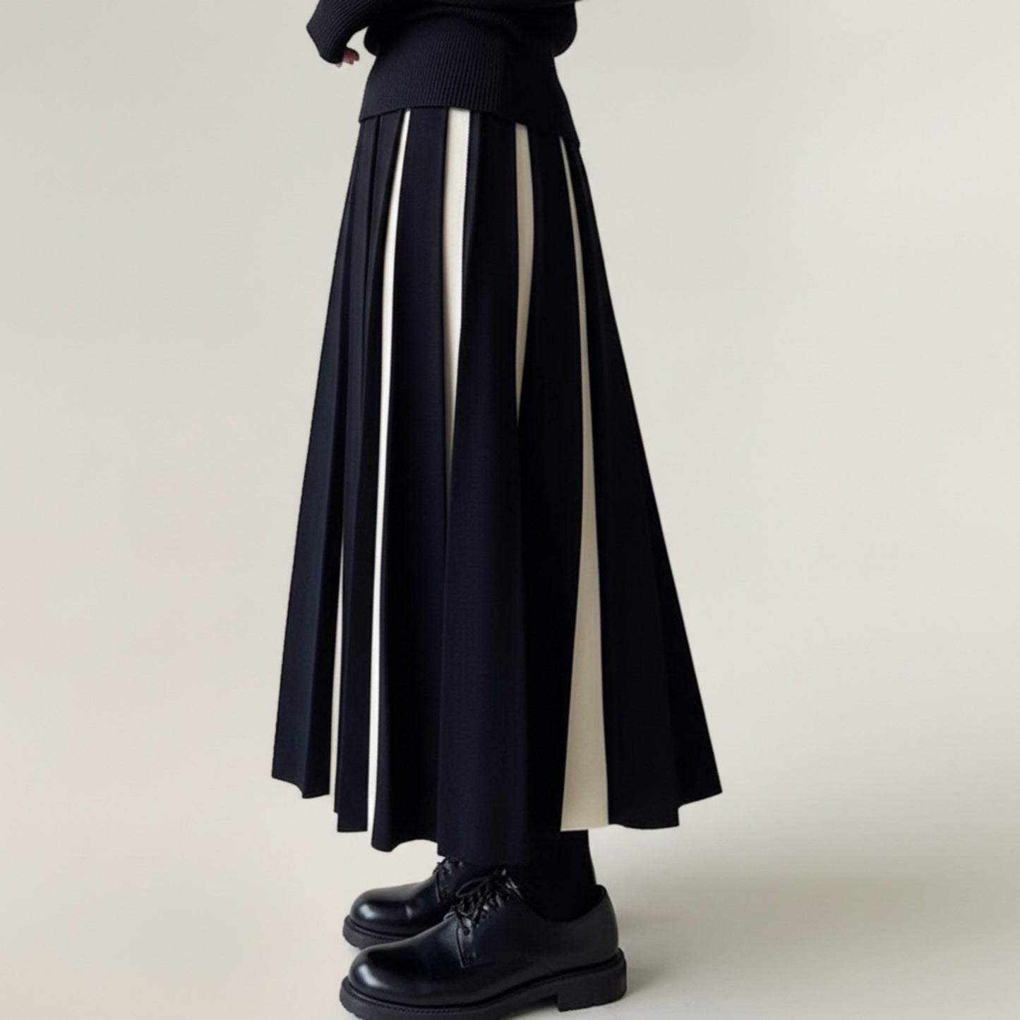 Contrast Pleated Maxi Skirt with Structured Panels, Flowing A-Line Movement, and Soft Flexible Waist