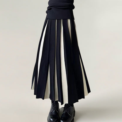 Contrast Pleated Maxi Skirt with Structured Panels, Flowing A-Line Movement, and Soft Flexible Waist
