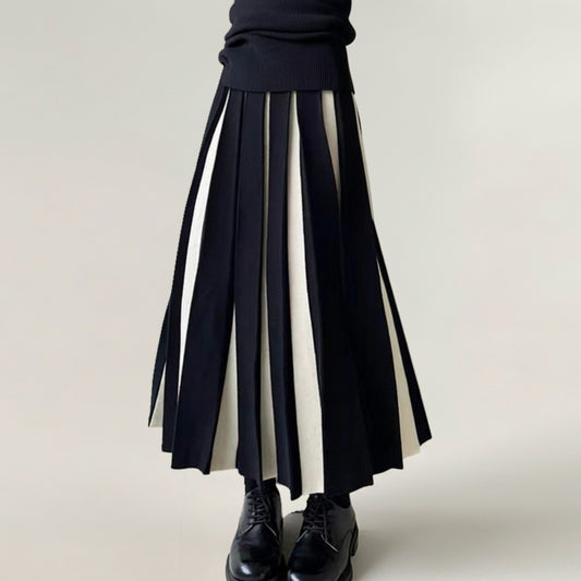 Contrast Pleated Maxi Skirt with Structured Panels, Flowing A-Line Movement, and Soft Flexible Waist