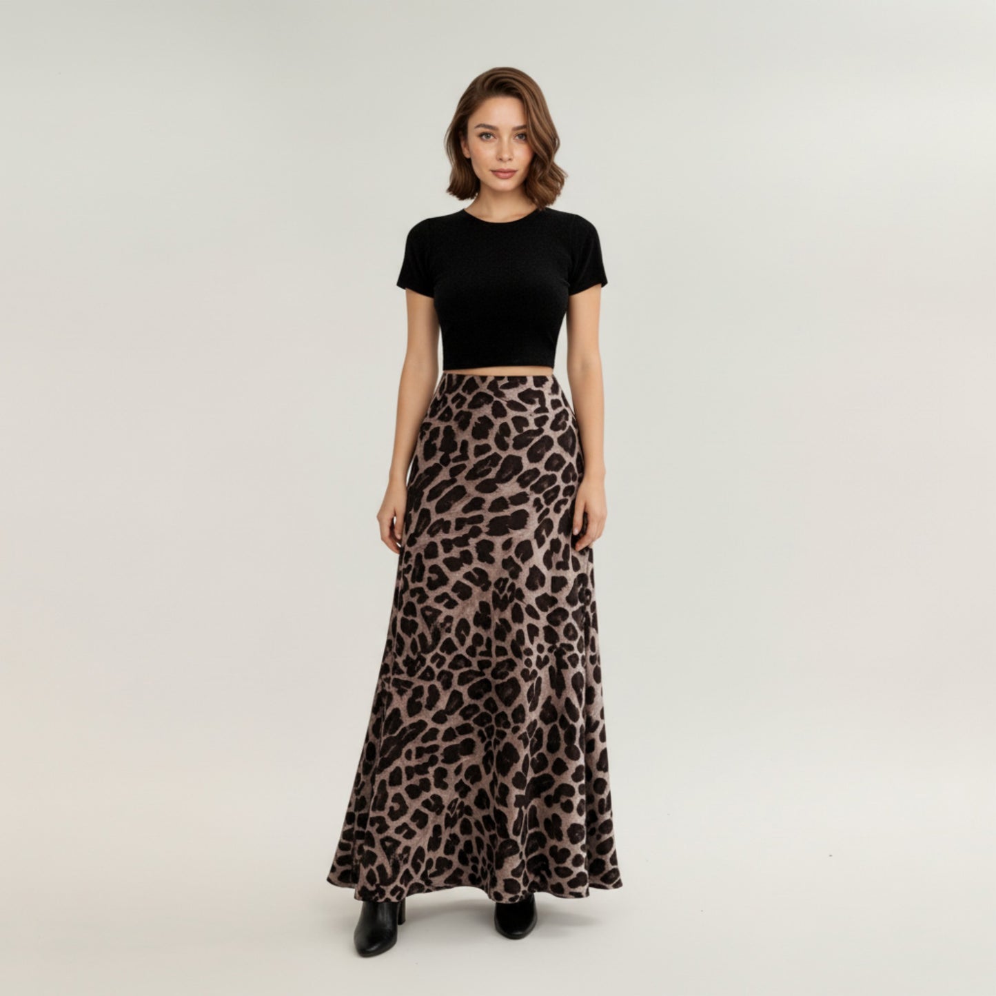 Leopard Print Maxi Skirt with Soft Draping Silhouette, Smooth Stretch Waist, and Flowing Fabric