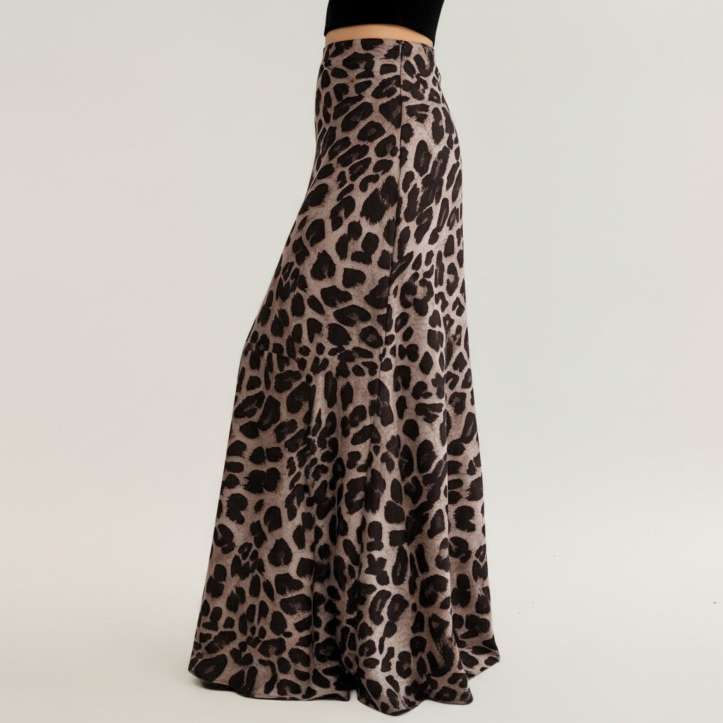 Leopard Print Maxi Skirt with Soft Draping Silhouette, Smooth Stretch Waist, and Flowing Fabric