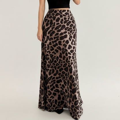 Leopard Print Maxi Skirt with Soft Draping Silhouette, Smooth Stretch Waist, and Flowing Fabric