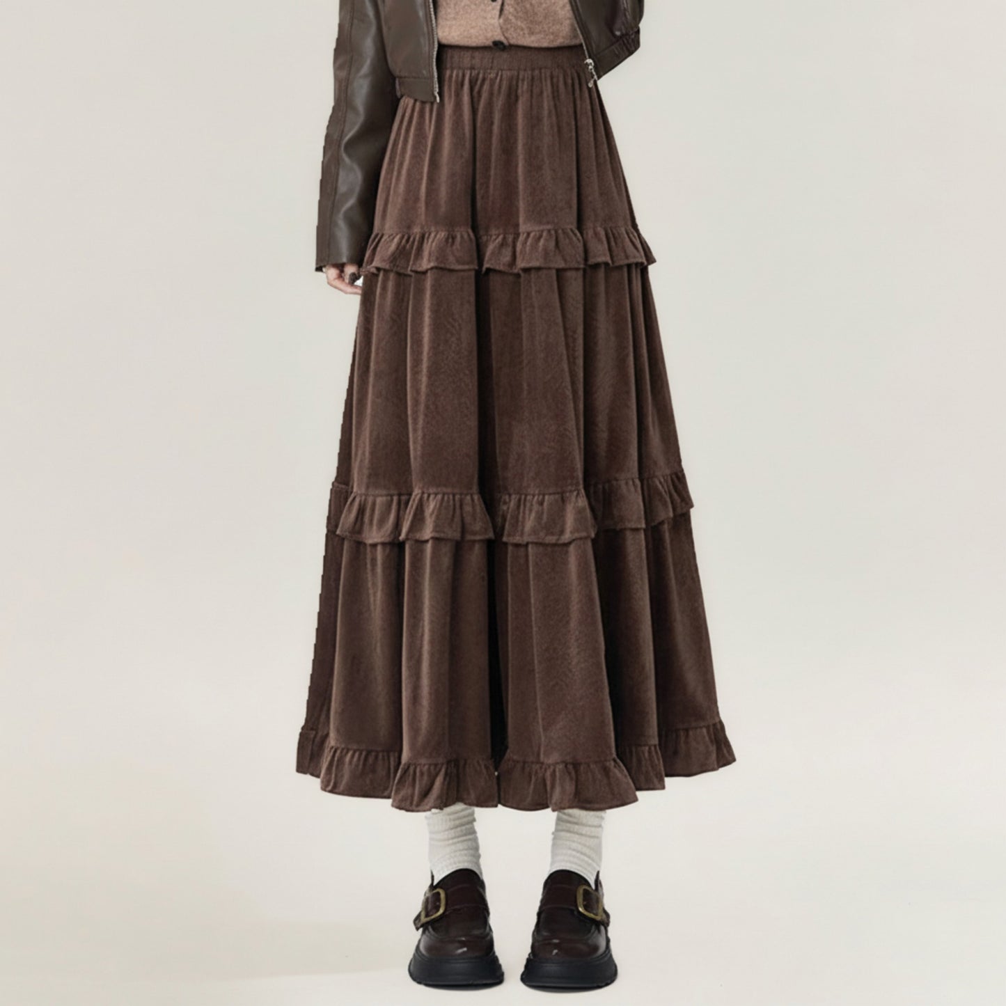 Tiered Ruffle Maxi Skirt with Soft Flowing Panels, Stretch Waistband, Layered Volume