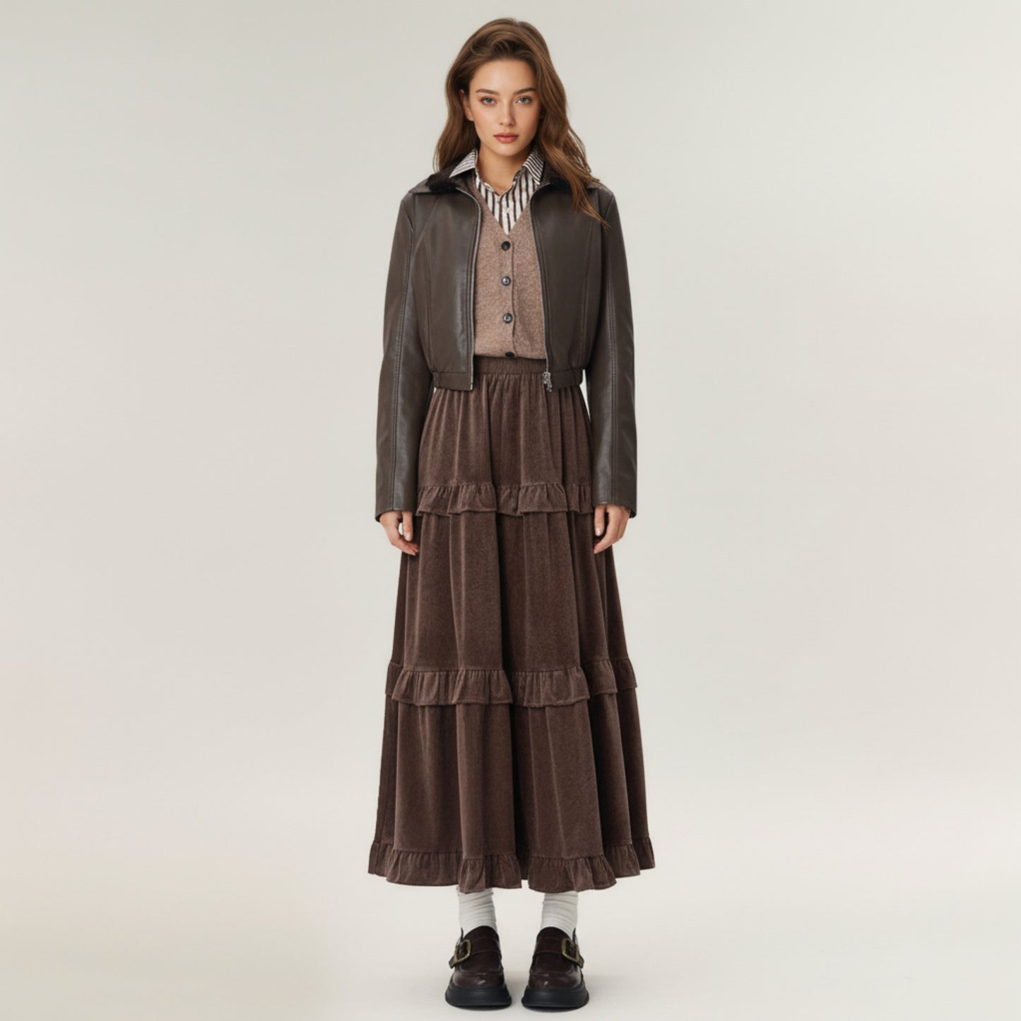 Tiered Ruffle Maxi Skirt with Soft Flowing Panels, Stretch Waistband, Layered Volume