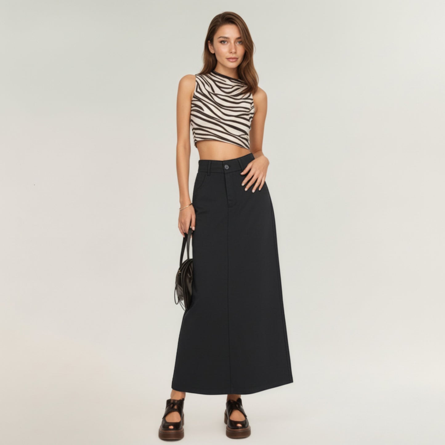 High Waist Maxi Skirt with Belt Loops, Clean Front Seams, Structured Waistband
