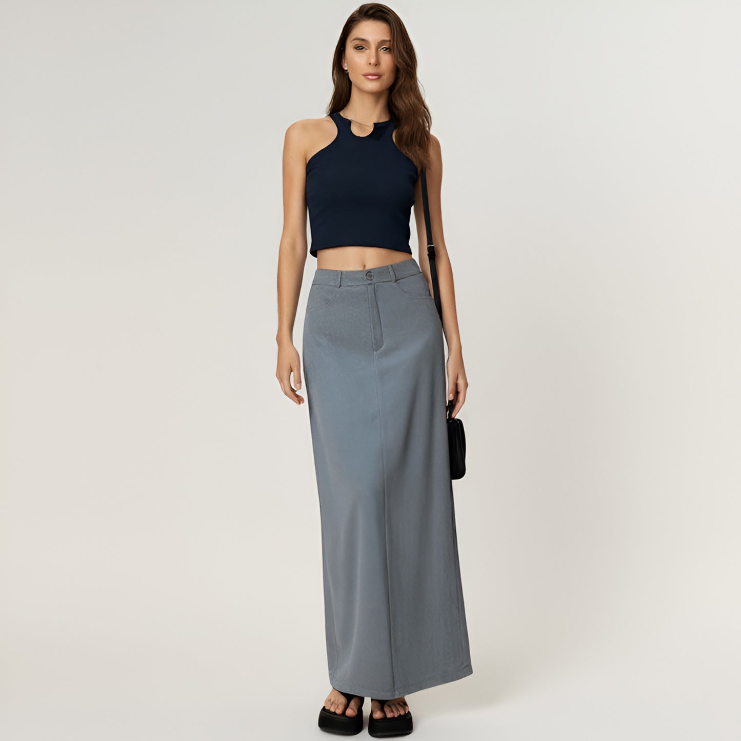 High Waist Maxi Skirt with Belt Loops, Clean Front Seams, Structured Waistband