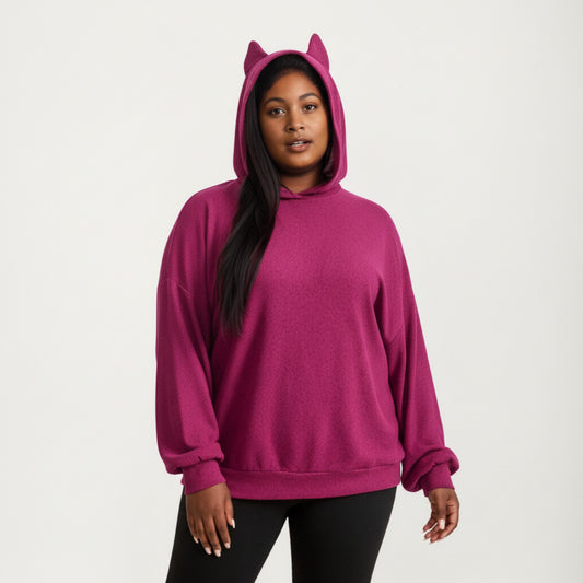 Soft Knit Hoodie with Playful Cat Ear Hood, Relaxed Drop-Shoulder Sleeves and Cozy Stretch Fabric