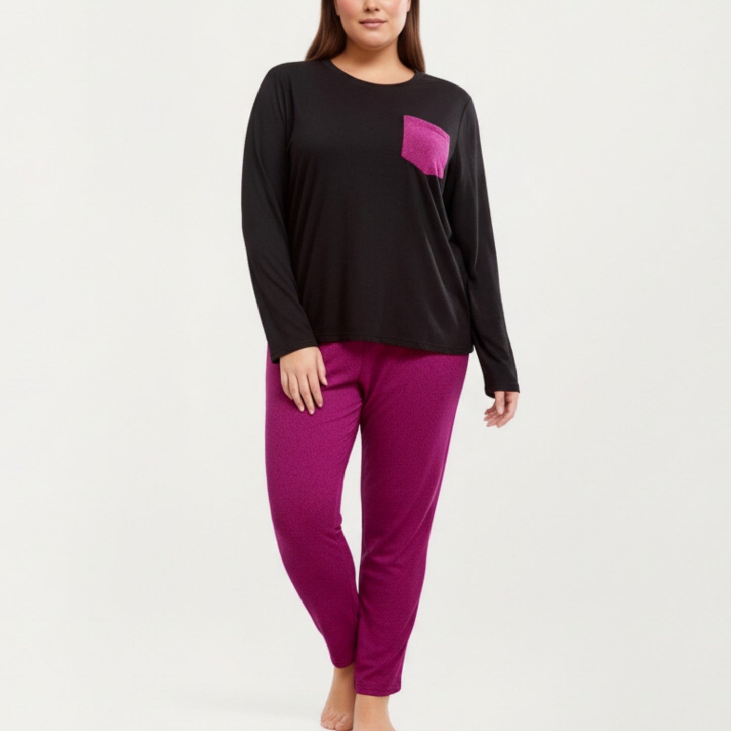 2-Piece Set Long Sleeve Knit Top with Contrast Pocket and Soft Stretch Pajama Pants with Relaxed Tapered Fit