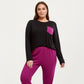 2-Piece Set Long Sleeve Knit Top with Contrast Pocket and Soft Stretch Pajama Pants with Relaxed Tapered Fit