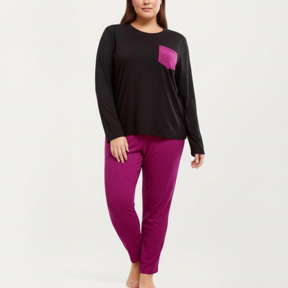 2-Piece Set Long Sleeve Knit Top with Contrast Pocket and Soft Stretch Pajama Pants with Relaxed Tapered Fit
