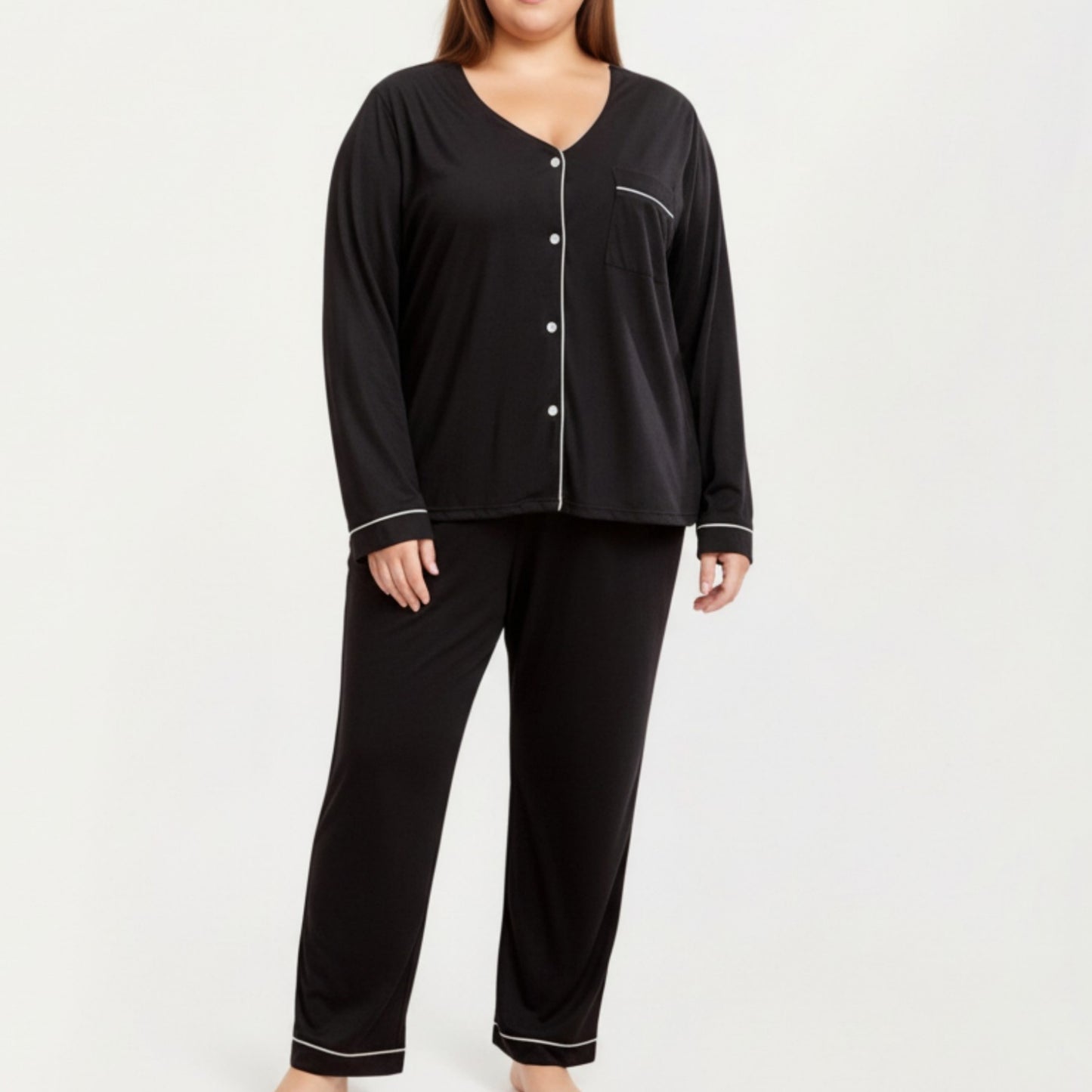 2-Piece Set Long Sleeve Button-Front Pajama Top and Matching Relaxed Pants with Clean Piped Edging