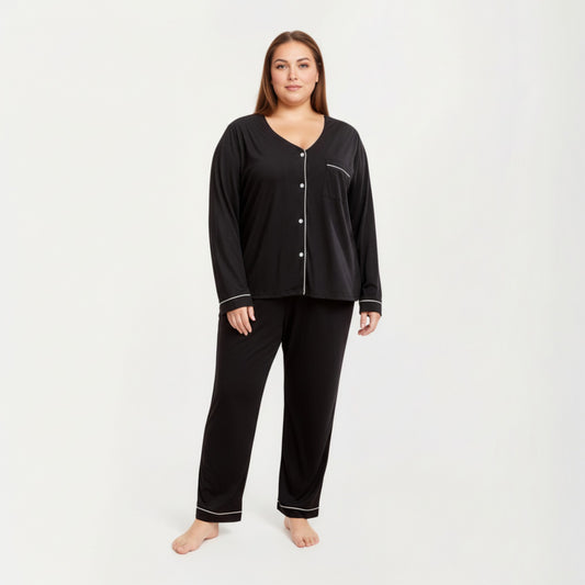 2-Piece Set Long Sleeve Button-Front Pajama Top and Matching Relaxed Pants with Clean Piped Edging