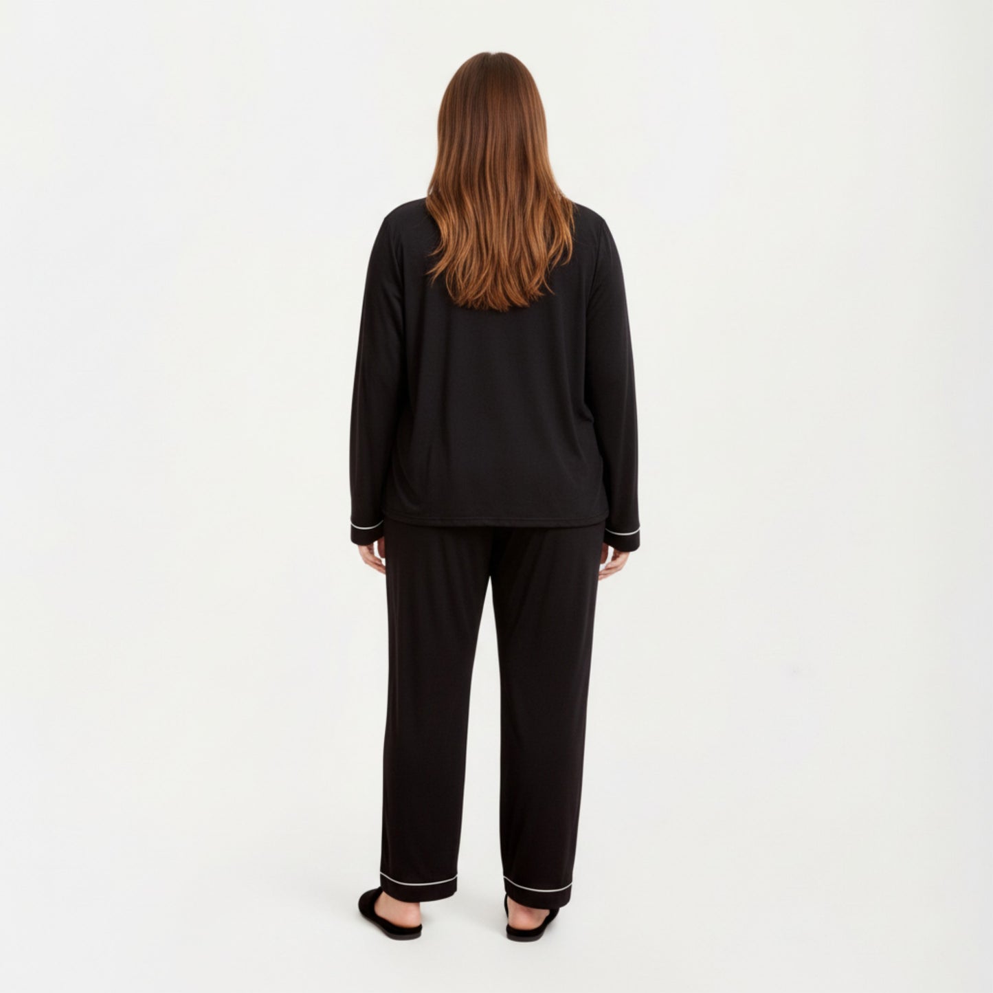 2-Piece Set Long Sleeve Button-Front Pajama Top and Matching Relaxed Pants with Clean Piped Edging