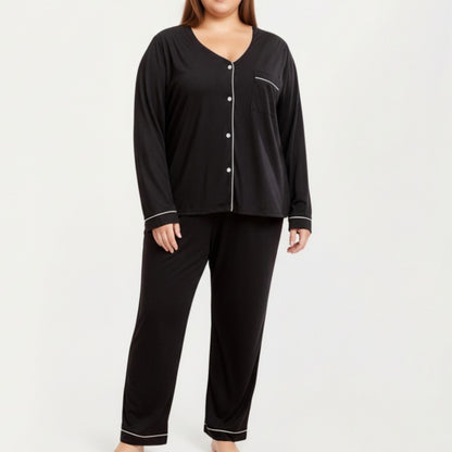 2-Piece Set Long Sleeve Button-Front Pajama Top and Matching Relaxed Pants with Clean Piped Edging