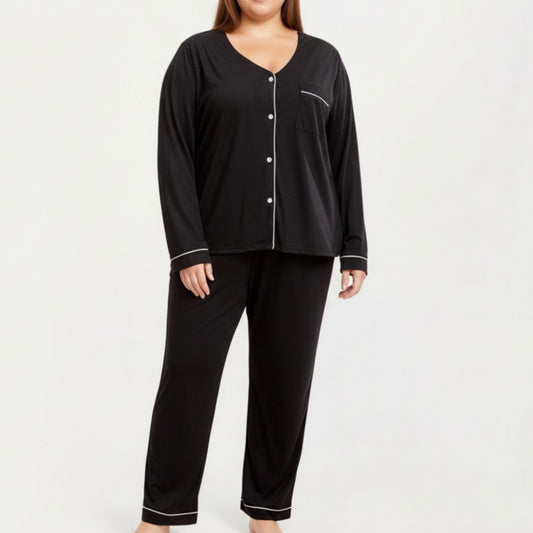 2-Piece Set Long Sleeve Button-Front Pajama Top and Matching Relaxed Pants with Clean Piped Edging